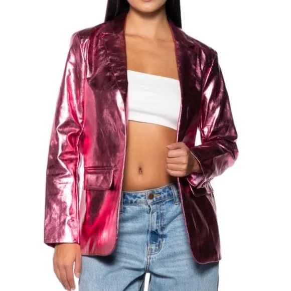 Elaine At Night: Dreamy Pink Metallic Vegan Leather Blazer Large - Picture 4 of 5